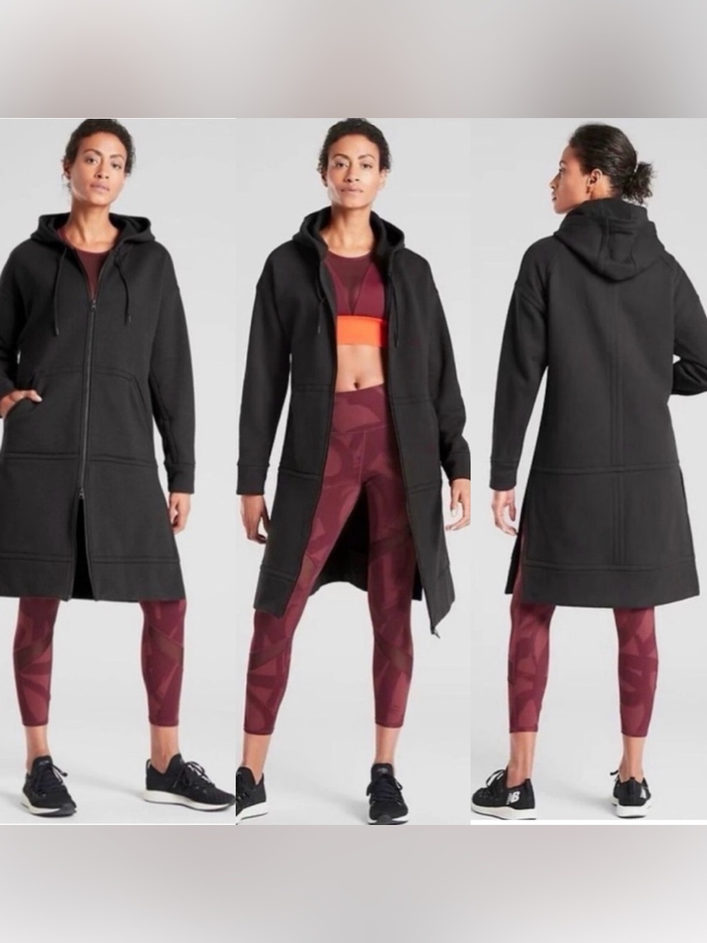 Athleta Tenacity women black hooded long jacket size S full zip cotton outdoor